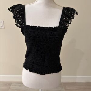 Anthropolgie Eri + Ali Black Smocked Top with Eyelet Straps